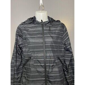 ASICS Jacket Womens Small Black Striped Hooded Full Zip Running Windbreaker